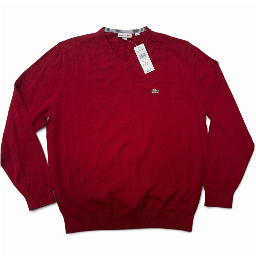 Lacoste V-Neck Sweater Mens XL 6 Bordeaux Red 100% Cotton AH7003 NWT Pullover